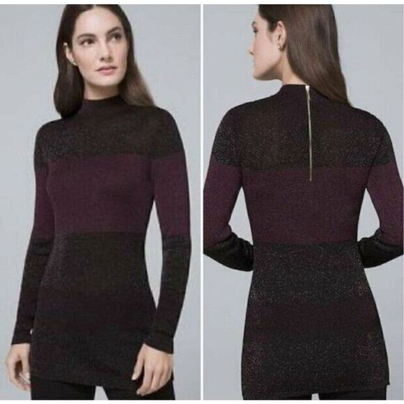 White House Black Market Tight Knit Sparkly Mock Neck Purple/Black Tunic Sweater - Picture 6 of 11